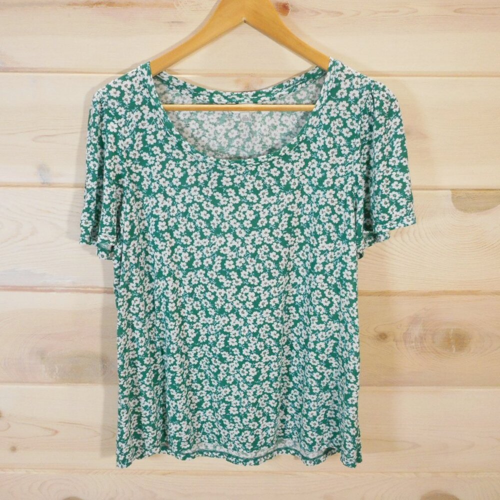 Lucky Brand Women's Size Large Green Ditzy Floral Tee Short Sleeve T-Shirt